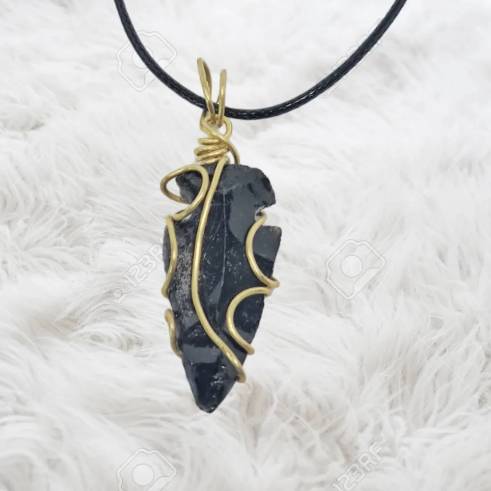Hand-Wired Obsidian Arrowhead Pendant with Black Adjustable Cord.